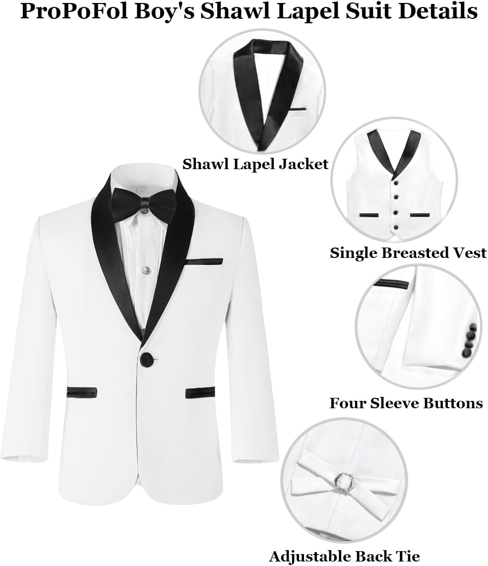 ProPoFol Boys Tuxedo 3 Piece Suit Set,Shawl Lapel Slim Fit Suits for Kids Wedding Outfit Blazer Vest Pants Set with Bow Tie - Image 4