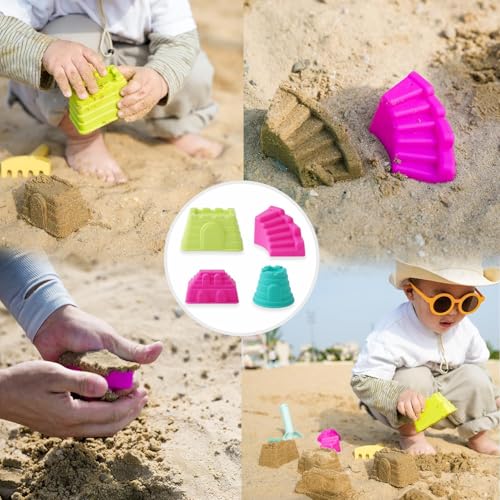 8 PCS Kids Collapsible Bucket Beach Sand Toys Sensory Playset, Portable Sandbox Digging Toys Including Pail, Shovel, Rake, 2 in 1 Shell Shark Tooth Sifter & Castle Building Sand Molds Set for Children
