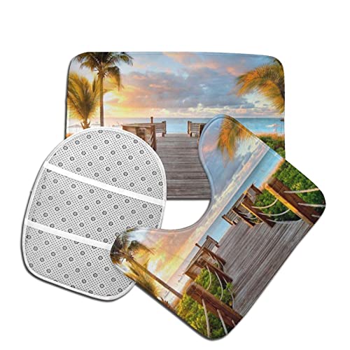 DIRYKILP Badematte + Konturmatte + Toilettendeckelbezug, Palmen Strand 3 Stück Badematte Set, mit rutschfester Klebeunterseite – Bild 5