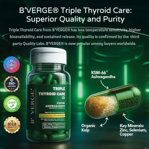 Image of B'VERGE Thyroid Supplement | With Ashwagandha ksm66 | Fast-Acting Formula | Enriched with Sea Kelp, Zinc, Selenium & L-Tyrosine | Promotes Healthy Thyroid Function (60 Capsules (Pack of 1))