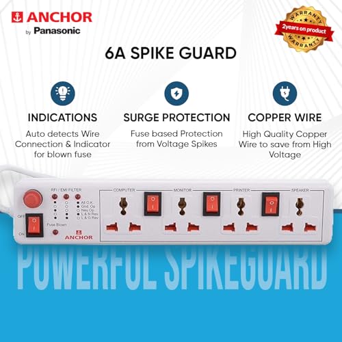 Anchor by Panasonic Spike Guard- 4 Universal Socket Shutter with Individual Switch - 4 Mtr (22569) (White, 1 Piece) - Image 4