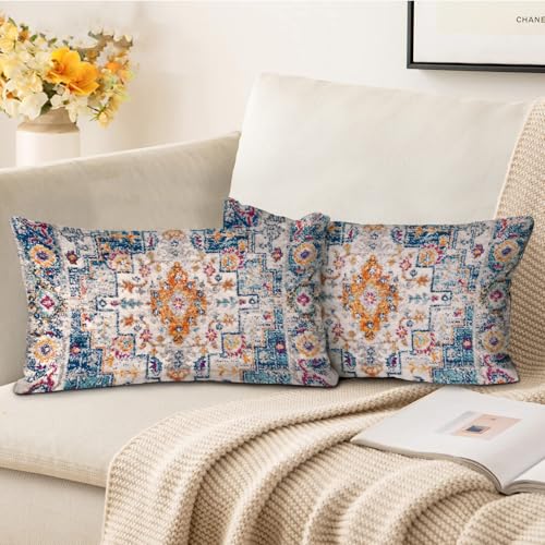 BUAEL Boho Throw Pillow Covers 12x20 inch Set of 2,Boho Vintage Carpet Pattern Antique Ethnic Decor Double Sided Pattern Cushion Cover Soft Pillow Case Living Sofa Room Bed Square Pillow Cover