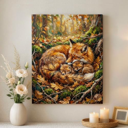Lienzo de zorros y bosque de otoño para dar calidez y paz a tu sala de estar