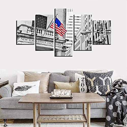 5 Pcs Canvas Wall Art Wall Street Sign Picture New York Stock Exchange Painting Contemporary Artwork American Flags Home Decor For Living Room Wooden Framed Gallery-Wrapped Ready To Hang(60''Wx32''H) #TOP1