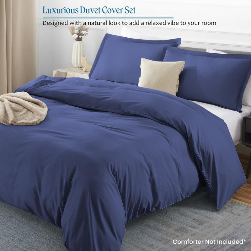 1-Piece Olympic Queen Size Duvet Cover Only, 88" x 90", 100% Egyptian Cotton, 600 Thread Count, Mediterran-Blue Solid, Zipper Closure, Lightweight Cooling Duvet Cover, Soft Breathable Bedding