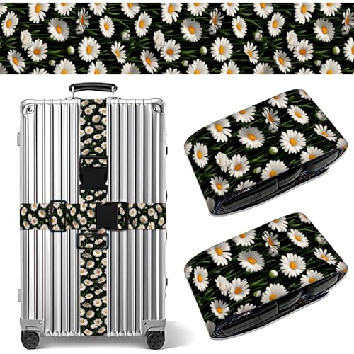 Image of 2PC,Daisy Flower Luggage Strap 1.97 x 70.84 inch White Floral Design Adjustable Suitcase Belt Durable Nylon Baggage Identifier for Elegant Travel Accessory