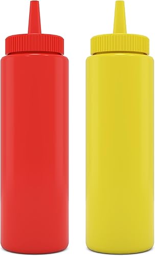 BRIGHTFROM Botellas exprimibles de condimentos, rojo/amarillo botella vacía de 8 onzas con cuello ancho, ideal para salsa de tomate, mostaza,