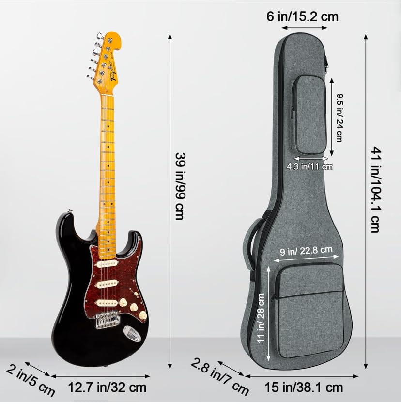 Image of The Melod Electric Guitar Gig Bag,Case,Cover, Waterproof Fabric Softener Padded Protective Case Neck Strap, Back Hanger with Storage Pockets, Loop, Premium Version, Gray, and Black Modern