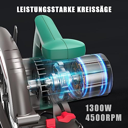HYCHIKA Handkreissäge, 1300W 4500RPM Kreissäge 185mm, Leistungsstarker Motor, Schnitttiefe 65mm...