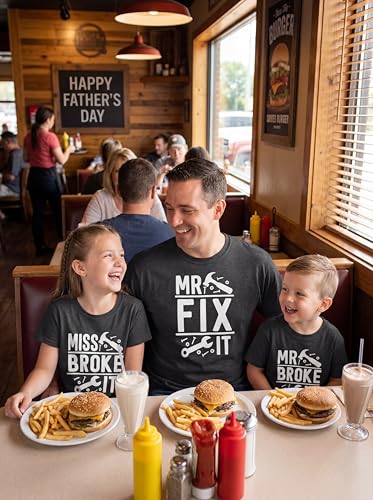 Image of Mr Fix It and Mr Broke It Miss Broke It Daddy and Me Matching Father's Day Shirts Set Heather Grey
