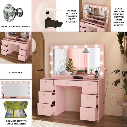 Boahaus Yara Large Makeup Vanity Desk with Mirror, Hollywood Lights, 7 Drawers, USB Type-C & Type-A Ports, 110V Power Outlet, Hair Dryer Hanger, Glass Top, and Crystal Knobs – Premium Pink Finish