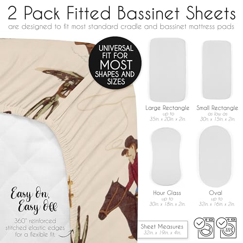 Image of Sweet Jojo Designs 2-Piece Baby Bassinet Sheets Set (Western Cowboy) for Boys, Infant Newborn Nursery, Oval, Rectangle & Hourglass Mattress (Cow Print, Vintage Americana, Wild West, Country, Horse)