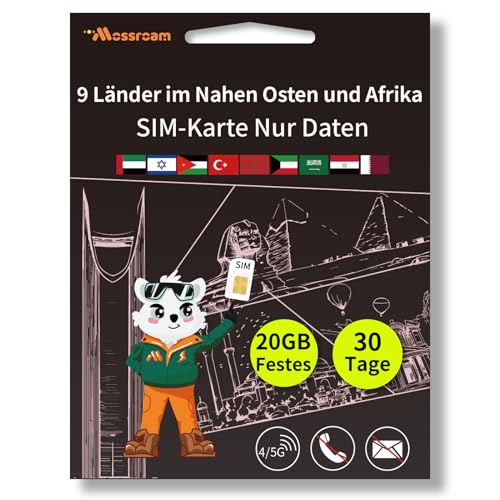 3-in-1-SIM-Karte für 9 Länder im Nahen Osten und Afrika – Prepaid-Datentarife | Festnetzdaten 20 GB, 30 Tage | Unbegrenztes Internet mit 4/5G-Geschwindigkeit
