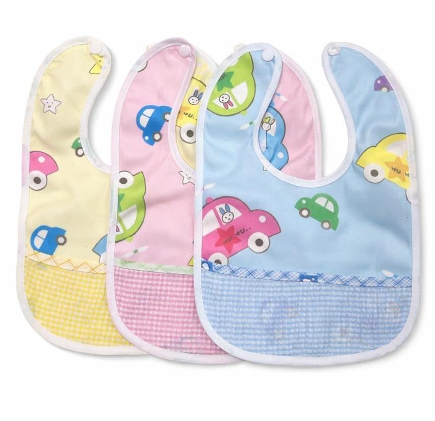 Hi mom Baby Bib, Cartoon Bear Print, Snap Closure, Pink, Yellow and Blue, 3 Pack-image-33