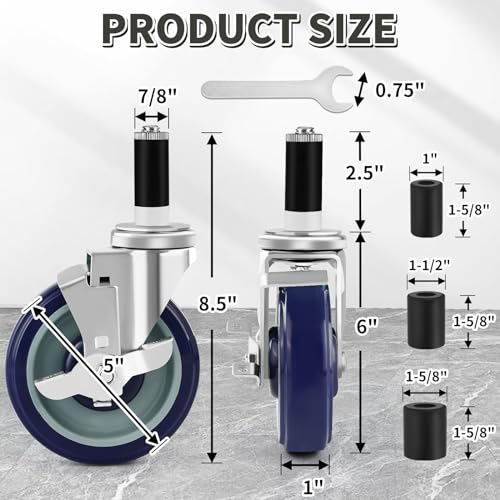 5 inches prep table wheels set of 4 expanding stem casters fit for 7834 134 1-1234 and 1-5834 tube leg for stainless steel table cart furniture legs commercial kitchen appliances