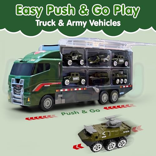 Image of Kidology Military Truck Toy Set 6-in-1 Army Vehicle Transport Truck with Mini Tanks, Helicopter, Combat Cars, and Carrier, Military Toy Vehicles for Boys & Girls, Kids Ages 3+