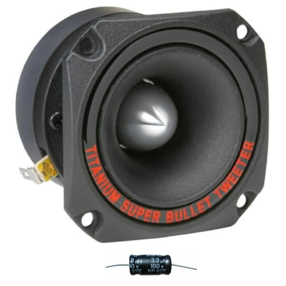KIT Set pour Pyramid TW44 1 Super Tweeter Driver Titane Noir 8 cm x 8 cm, 150 Watt rms 300 Watt Max, pour portières de Voiture, pour spl Racing, 1 pièce + condensateur Offert