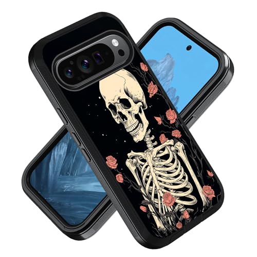 ZXHSBROK for Google Pixel 9/Pixel 9 Pro Phone Case, Military Grade Heavy Duty 3-Layer Shockproof Drop Protective Cover for Google Pixel 9/Pixel 9 Pro (2024) - Skull Rose