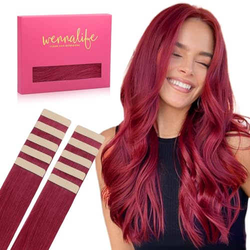 Image of Wennalife Burgundy Red Tape in Hair Extensions, 10pcs 25g 18 inch Remy Invisible Tape Ins Straight Colored Soft Real Human Hair Tape in Extensions Refill Set Extensions
