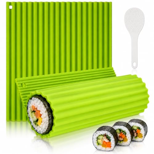 Gyism 2 Stück Sushi Matte mit Reislöffel 22 x 20cm Silikon Sushi Rolle Wiederverwendbarv Silikon-Sushi-Set DIY Sushi Roll Set für Anfänger Kinder Picknick Reisen & Party (22 * 20cm)