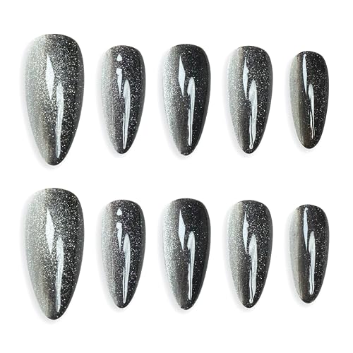 Sun&Beam Nails Handmade Press-on Medium Long Almond Black Silver Cat Eye Design Charming False Nail Tips 10 Pcs (#125 M)