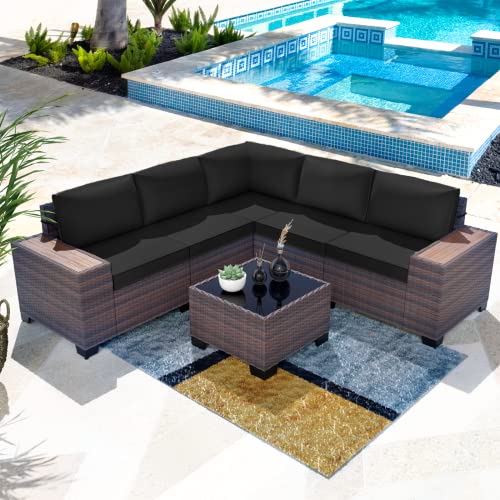 Kullavik Outdoor Patio Furniture Set 6 Pieces Sectional Rattan Sofa New Wooden Armrest Sofa With 5 Chairs,Coffee Table And Black Cushions #TOP29