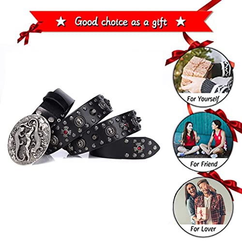 Studded Leather Belt With Lizard Filigree Buckle - Punk Rivet Inlay Red Crystal Circular Design4