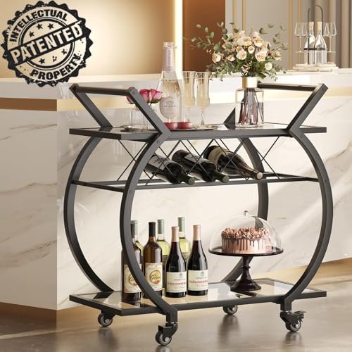 Image of LVB Bar Cart with Glass, Black Bar Cart with Wheels, Home Bar Serving Cart | 2 Tier Glass Shelves Bar Cart with Storage, Wine Cart with Wine Rack, Liquor Cart for Kitchen, Bar, Dinning Room