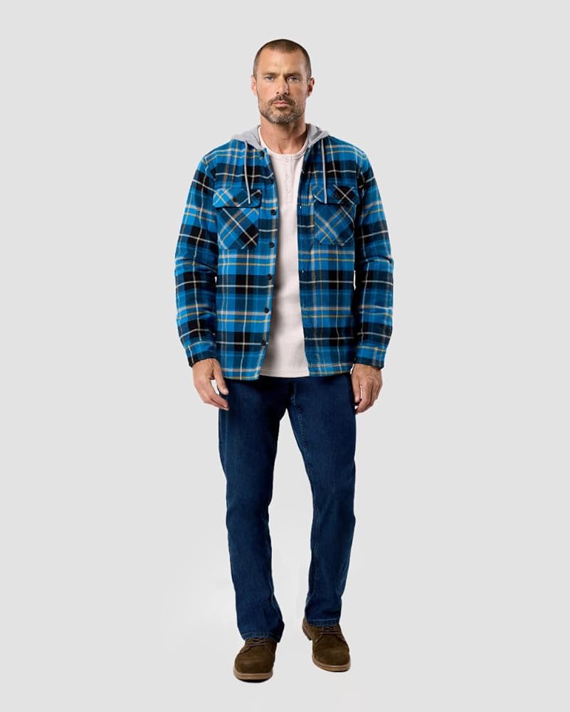 INTO THE AM Ridgeview Flannel Jacket for Men Plaid Hooded Quilt