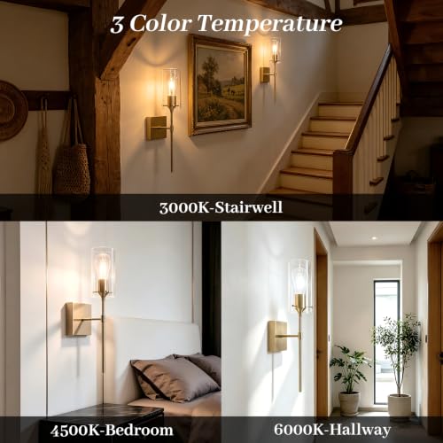 Image of Battery Operated Wall Sconce Set of 2,Dimmable 3 Colors,Gold | Rechargeable Wall Lights with 8000mAh Dimmable Bulbs and Remote, Wireless Wall Lamps for Bedroom Living Room Hallway Decor