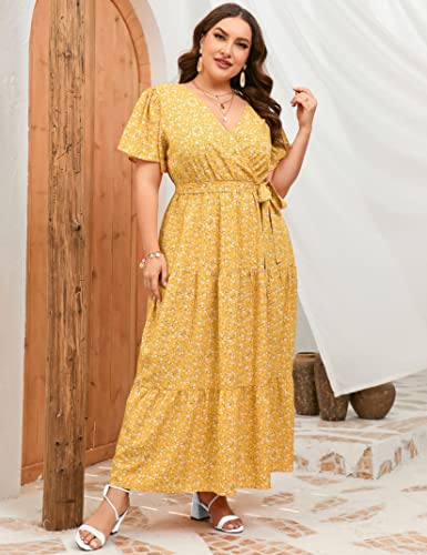 Image of ShopWonder Womens Plus Size V Neck Wrap Maxi Dress High Waist Ruffle Summer Casual Dress with Belt