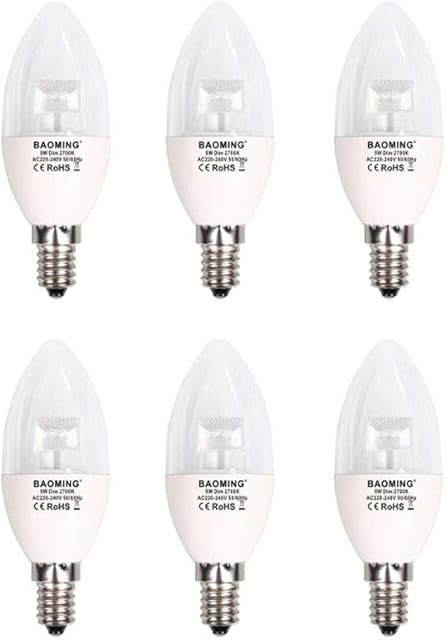 BAOMING Dimmable E14 LED Candle Bulb 5W (40W Equal), 2700 Kelvin Warm White SES C37 Small Screw Light Bulb, Clear, 220-240 Volt, Pack of 6