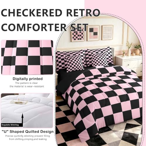 Image of Feelyou Checkered 7 Piece Bedding Set Teen Pink Black Plaid Comforter Set with Sheets Full Size Kids Boys Cute Retro Neutral Checkerboard Geometric Bed in a Bag Vintage Aesthetic Room Decor
