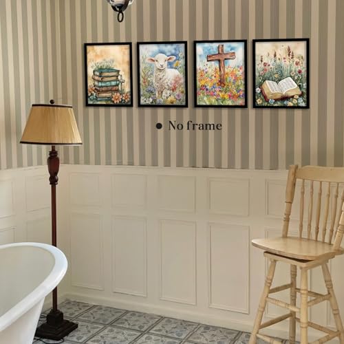 Image of WEFKODO Vintage Christian Flower Bookish Decor Wall Art, Retro Christian Pictures Wall Decor for Home Bathroom Reading Room Church Bedroom, Spring Summer Sheep Posters Prints