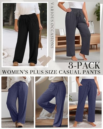 Neer 3 Pack Women's Plus Size Lounge Pants, Wide Leg Yoga Pants Baggy Drawstring Sweatpants with Pockets Casual Loose Jogger2