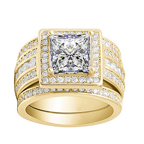 Beverly Bridal Wedding Ring Set For Women 3 Piece Large Engagement Ring Two Matching Anniversary Bands Square Halo Design Gold Plated Cubic Zirconia Princess Cut Center Stone Jewelry For Ladies