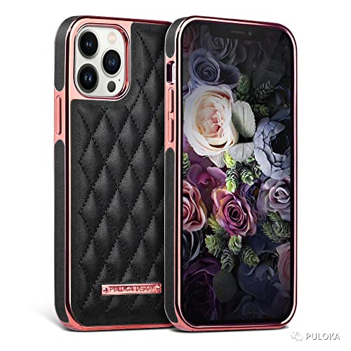 Image of PULOKA iPhone 13 Pro Max Leather Cover Electroplated Back Case Royal Diamond Specially Designed Cover for Apple iPhone 13 PRO Max 6.7 inchinch - Black