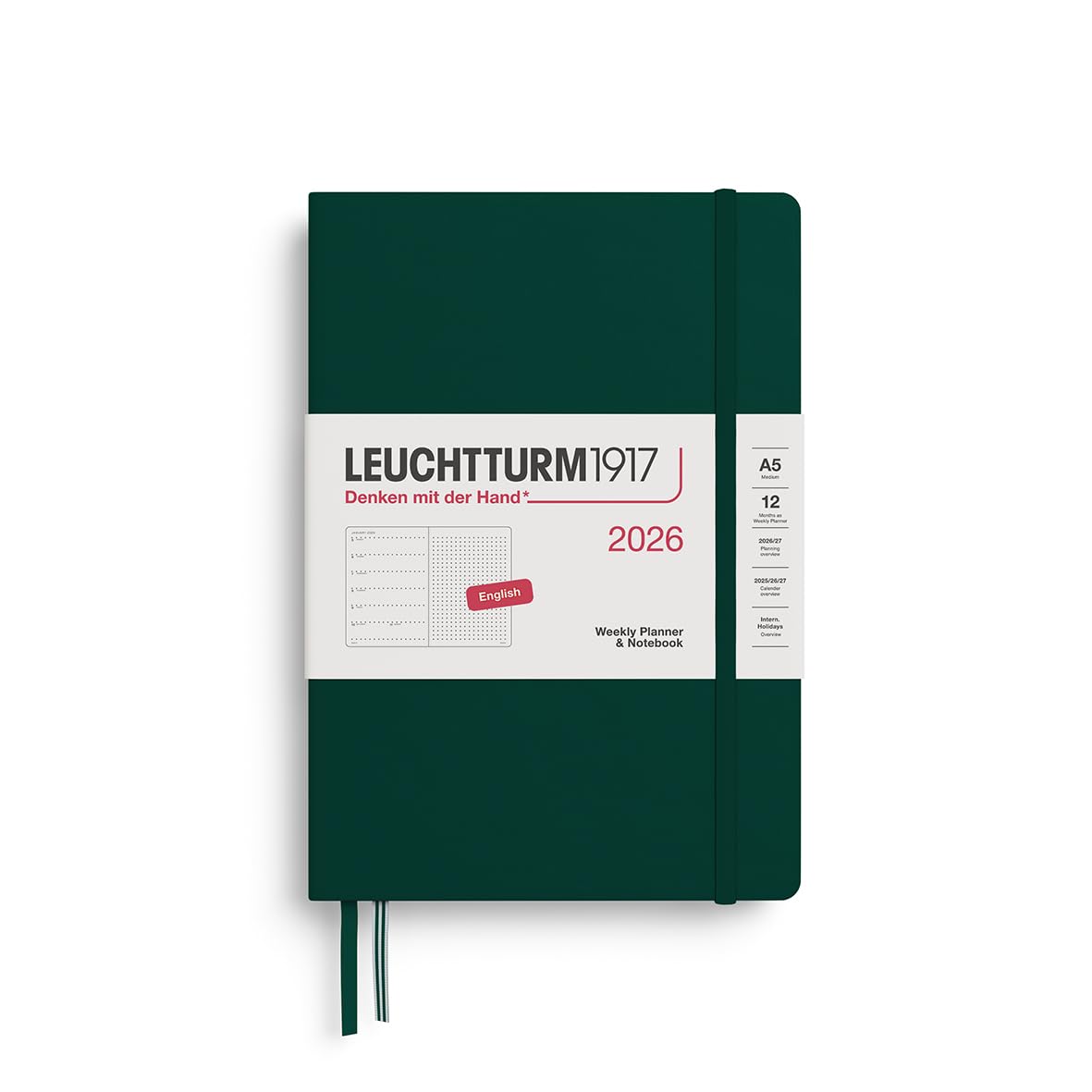 LEUCHTTURM1917 372704 Weekly Planner & Notebook Dotted Medium (A5) 2026, 12 Months, Forest Green, English