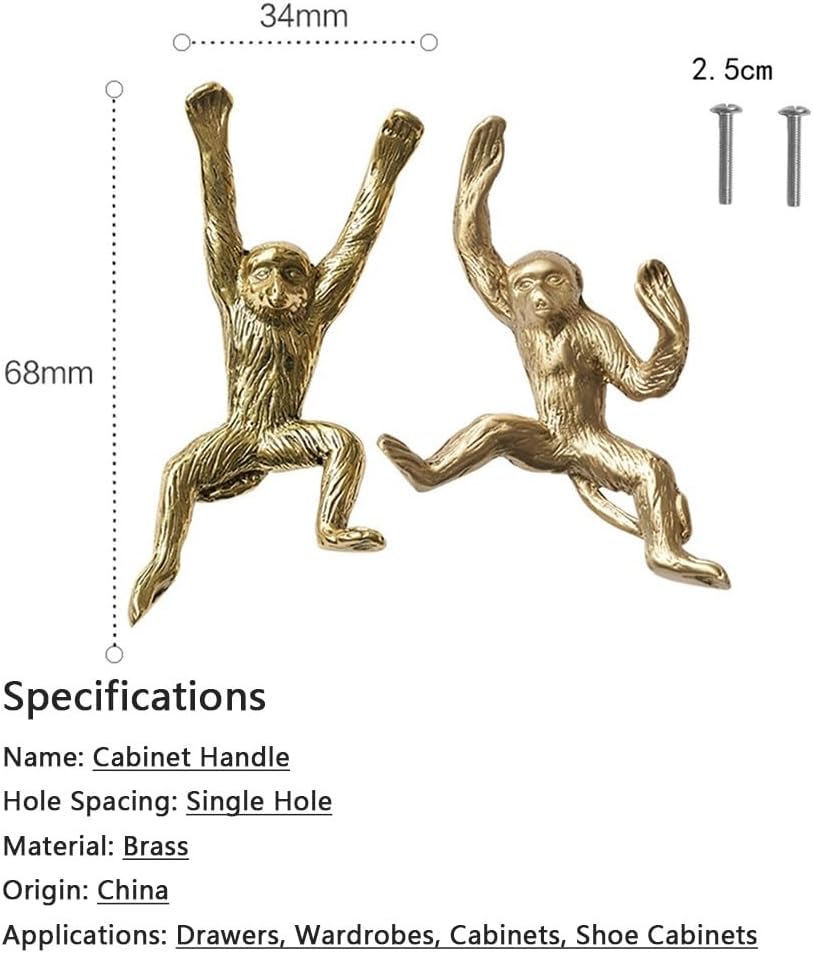 Cabinet Knobs Monkey Dresser Knobs Drawer Decorative Knob Golden Cabinet Pull Handle Furniture Knob Handles for Kitchen Bathroom Cabinet Door (Color : Gold, Size : 2 Pairs)