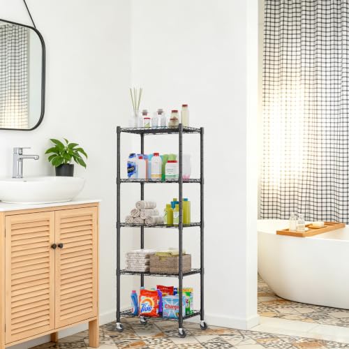 Image of REGILLER 5-Wire Shelving Metal Storage Rack Adjustable Shelves,Standing Storage Shelf Units for Laundry Bathroom Kitchen Pantry Closet(Black,11.8 inch D x 16.6 inch W x 53.5 inch H,With Wheels)