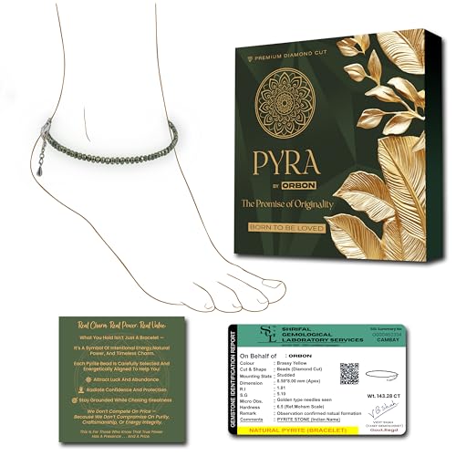 ORBON Original Certified Raw Pyrite Anklet for Women | Natural Raw Pyrite Crystal Ankle Bracelet for Wealth & Abundance | Genuine Stone Adjustable Fit Astrologer Recommended | Success Energy with Activation Card & Authenticity Certificate (2 MM BEADS)
