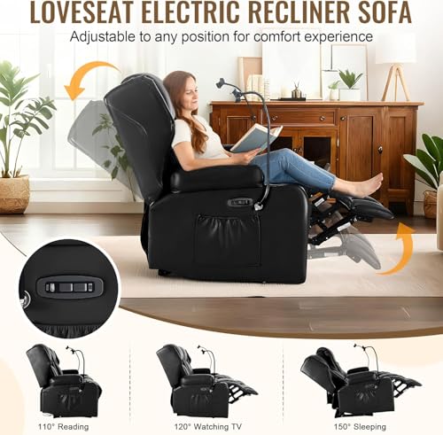 Image of Power Recliner Loveseat for Living Room, Loveseat Sofa with Center Console, USB Type-C Port, PU Leather Chair with Vibration Massage and Heat, Speaker Oversized Recliner Chair for Home Theater (Black)