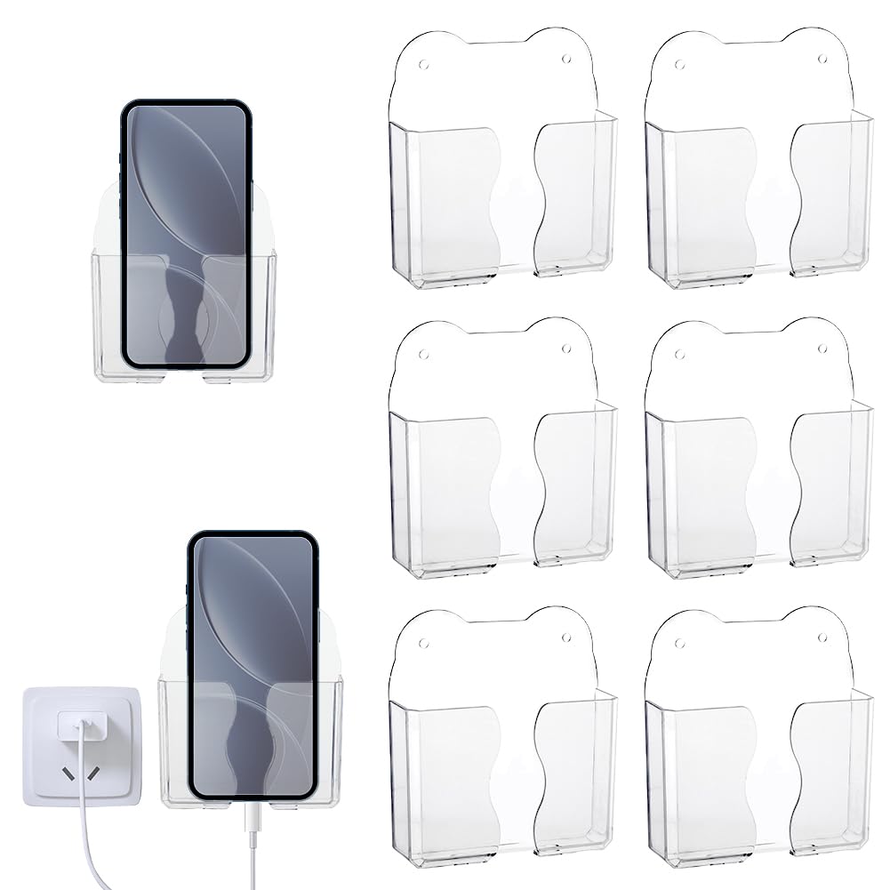 AHANDMAKER 6 pz Supporto per telefono da parete adesivo trasparente con foro di ricarica Supporto per mensola in PET Supporto universale da comodino organizer da cucina per doccia per casa ufficio RV