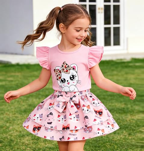 Image of Girls Skirt Set 2 Piece Outfit Toddler Summer Clothes Ruffle Sleeve T-Shirt Bow Knot Tutu Skirt Outfit Set