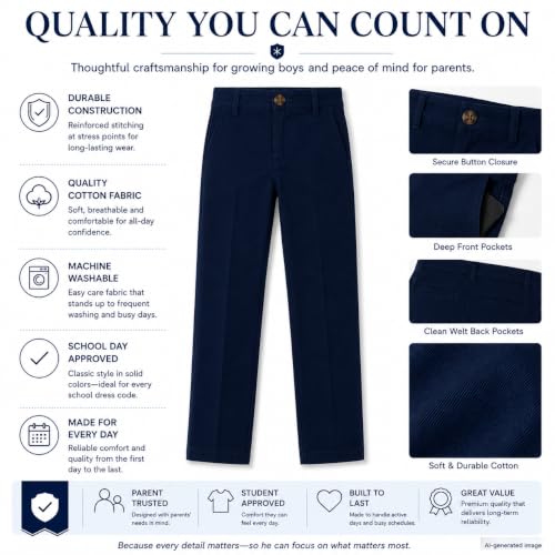 Image of Bienzoe Boys School Uniform Pants: Adjustable Waist Flat Front | Students Ages 6-13, Classroom Days, Picture Day, Awards, Open House, Chapel, Family Events, Lean-To-Regular Builds, Neat Look