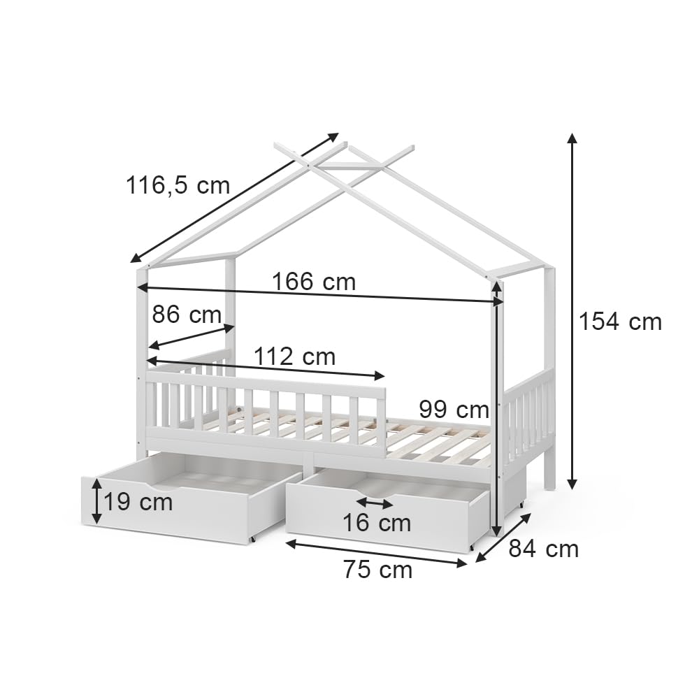VitaliSpa Letto montessori bambini Franka, Bianco, 80x160 cm con 2 cassetti e materasso, adatto per materassi fino a 90x200 cm e combinabile