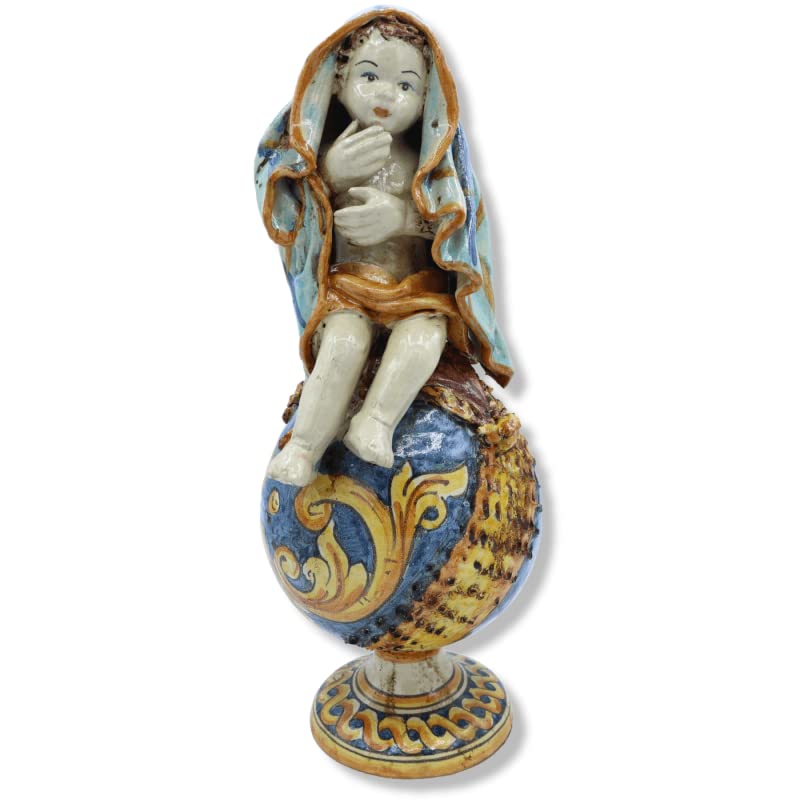 Putto sobre Esfera de cerámica Caltagirone azul decoración barroca Sicilia Bedda de 30 cm