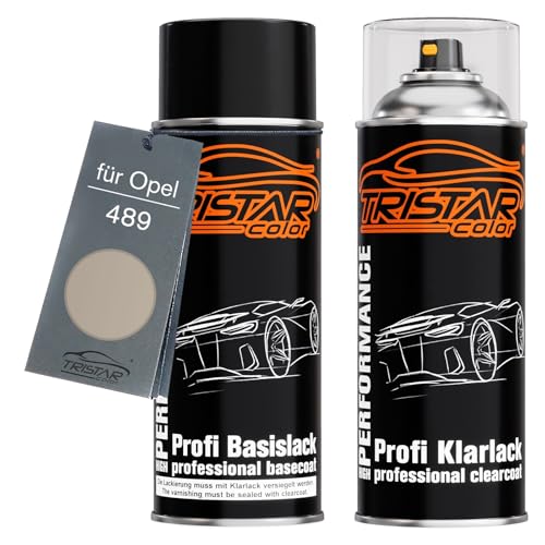 TRISTARcolor Autolack Spraydosen Set für Opel 489 Champagner Metallic/Champagne Metallic Basislack Klarlack Sprühdose 400ml