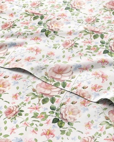 Image of Queen 4 Piece Floral Sheet Set - Soft, Breathable & Cooling - Secret Garden | 1 Flat, 1 Fitted & 2 Pillowcases w / Deep Pockets, Boho Botanical Floral Bedding, Breathable & Cooling, Wrinkle & Fade Free