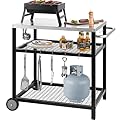 WEASHUME Stainless Steel Grill Cart Pizza Oven Stand Trolley Table with Wheels Pizza Cart Three-Shelf Movable Food Prep Work Dining Table with Double-Shelf Heavy Duty Outdoor 31.5" x 24 x 33.5